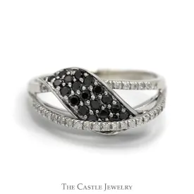 Black Diamond Cluster Ring with Diamond Accented Open Free Form Design in 10k White Gold