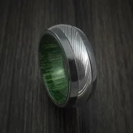 Black Zirconium and Damascus Steel Men's Ring with Jade Wood Hardwood Interior Sleeve Custom Made