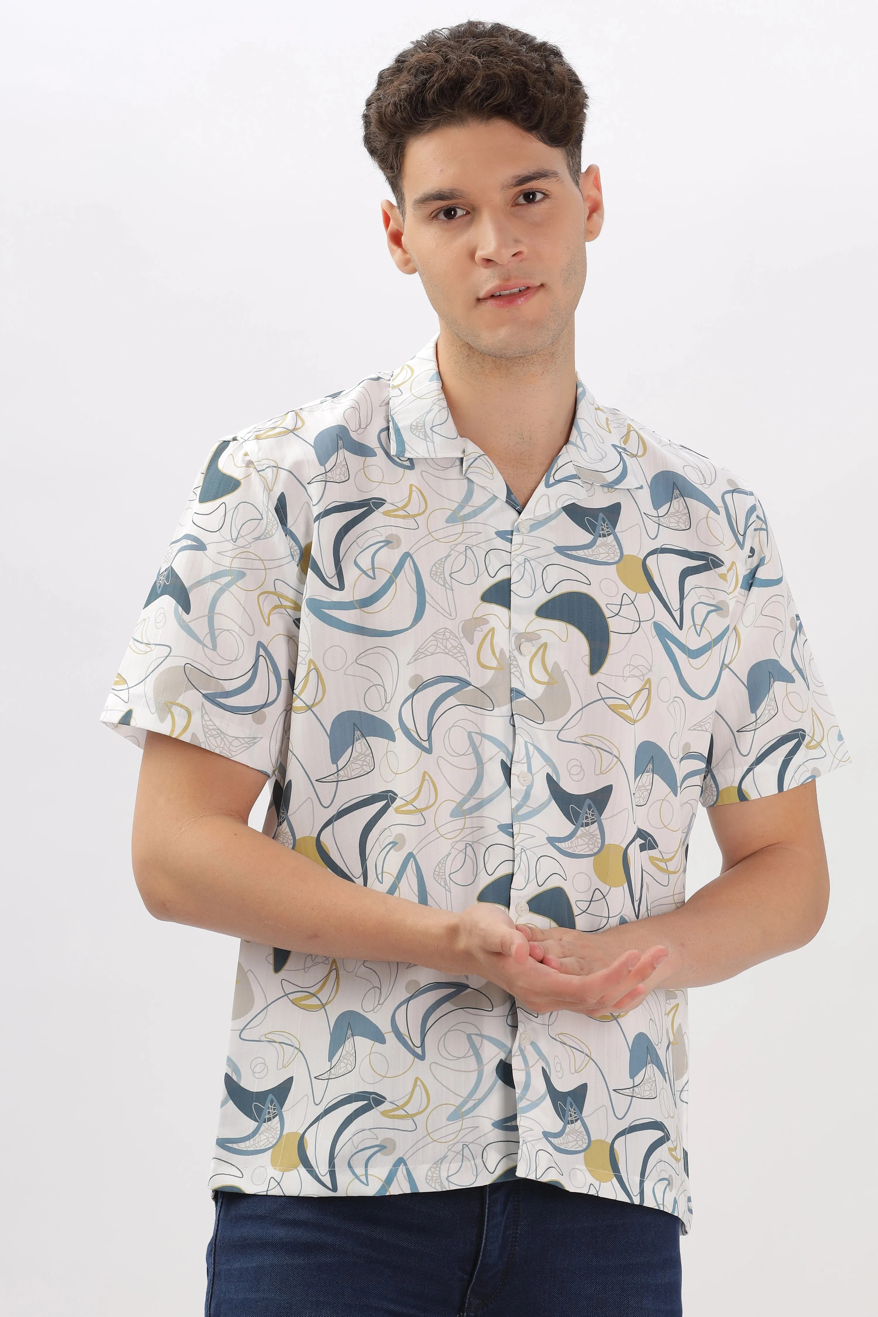 Blue geomatric printed popcorn shirt