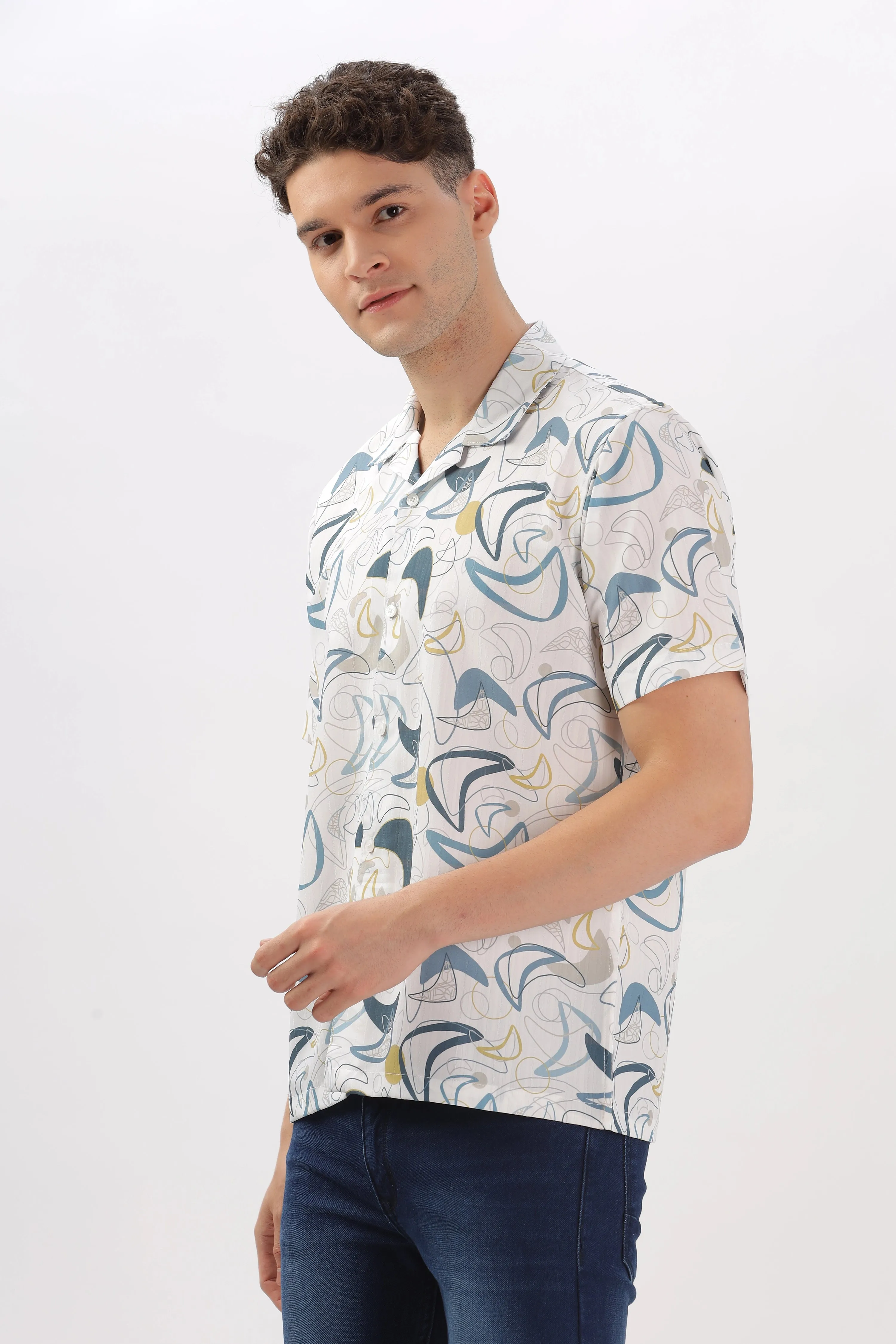 Blue geomatric printed popcorn shirt