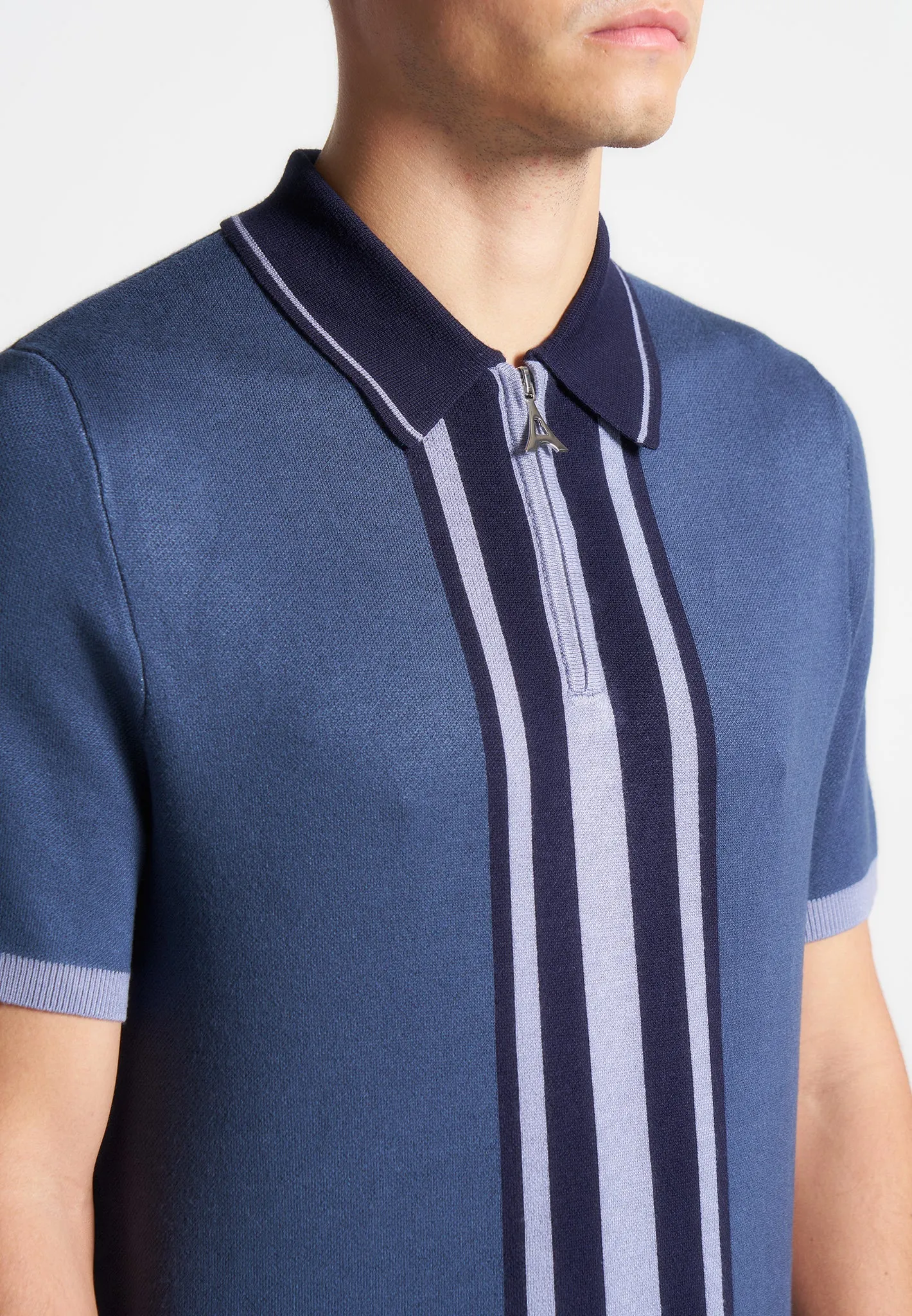 Contrast Border Knit Zip Polo Shirt - Blue