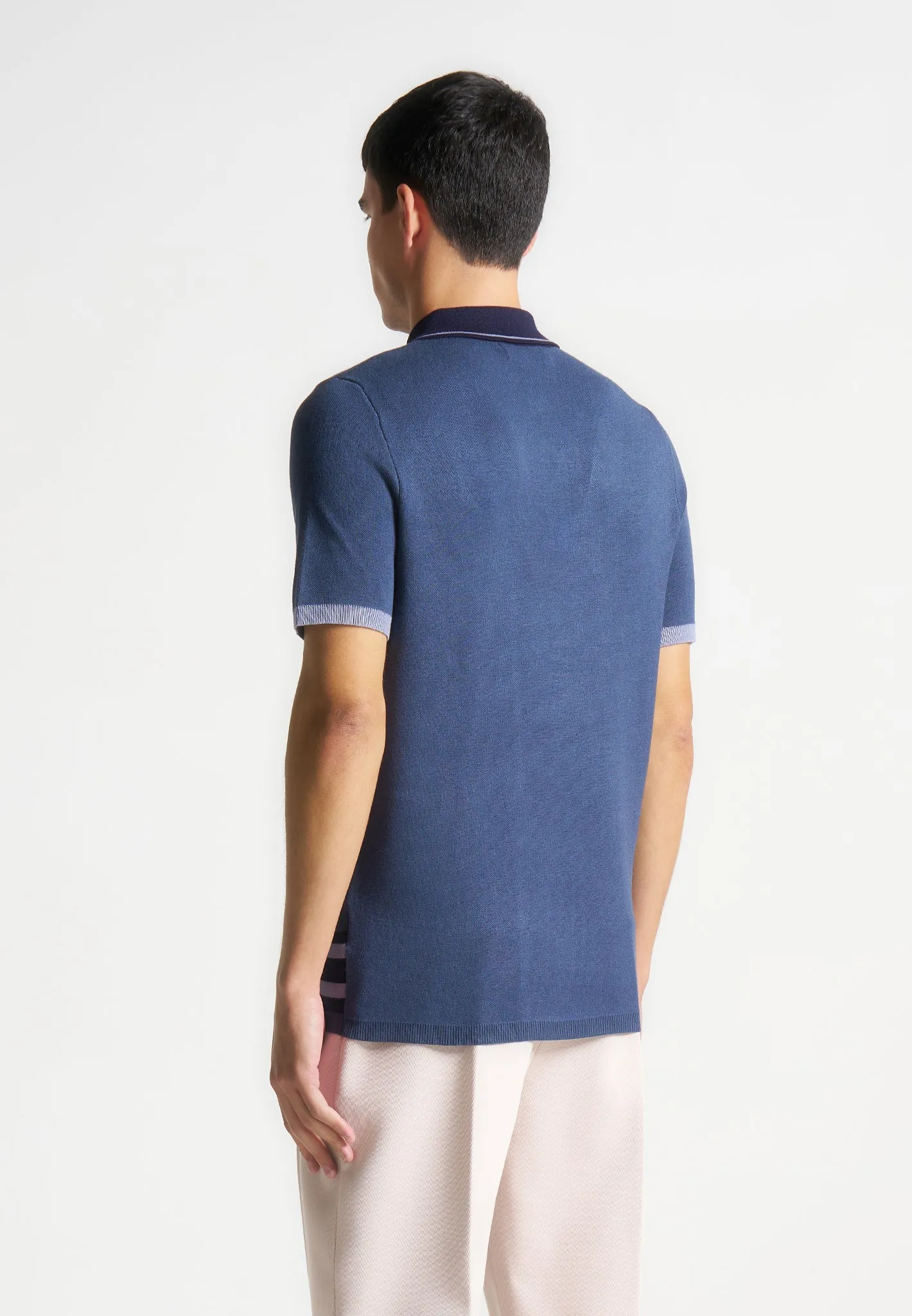 Contrast Border Knit Zip Polo Shirt - Blue