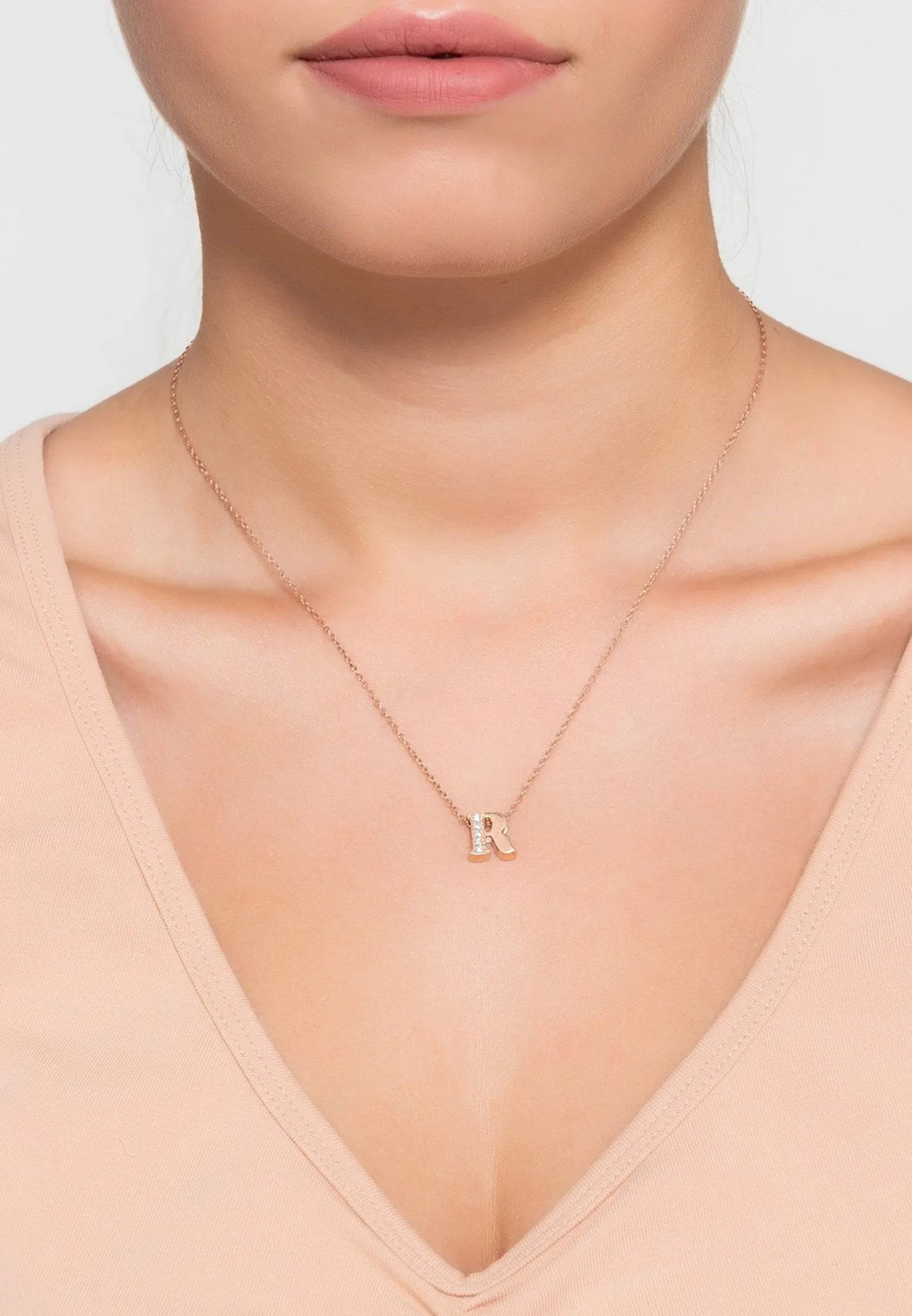 Diamond Initial Letter Pendant Necklace Rose Gold R