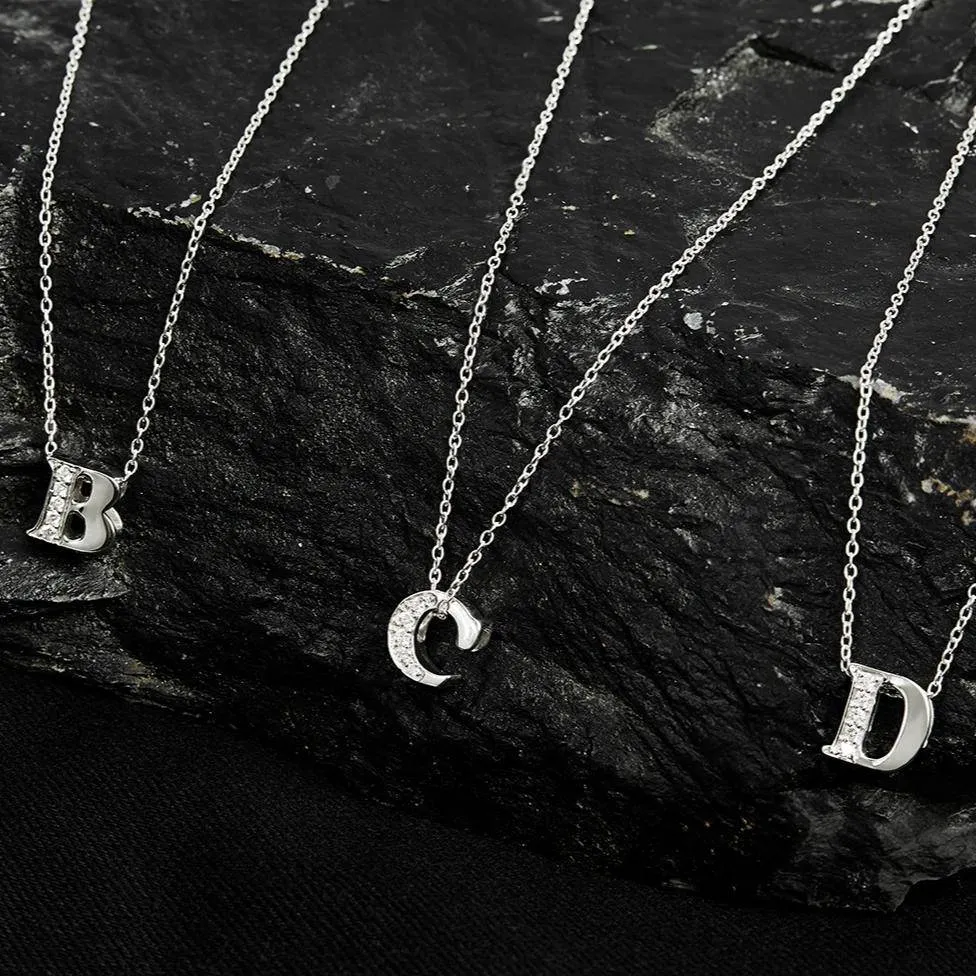 Diamond Initial Letter Pendant Necklace Silver C