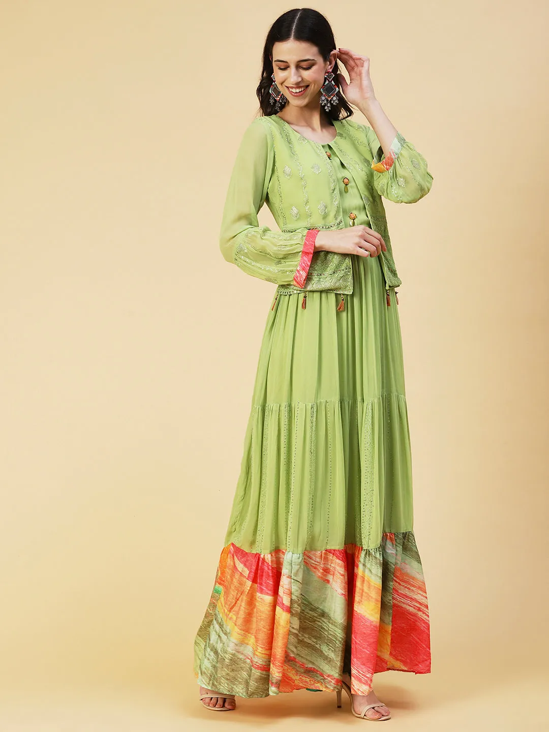 Ethnic Embroidered Tiered Fit & Flare Maxi Dress - Green