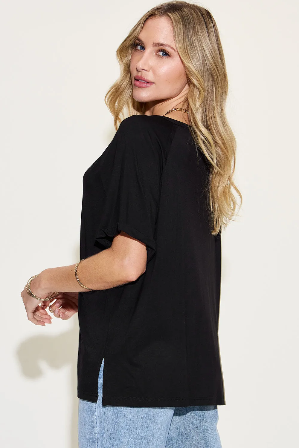 Explore More Collection - Basic Bae Full Size Bamboo Slit V-Neck Short Sleeve T-Shirt