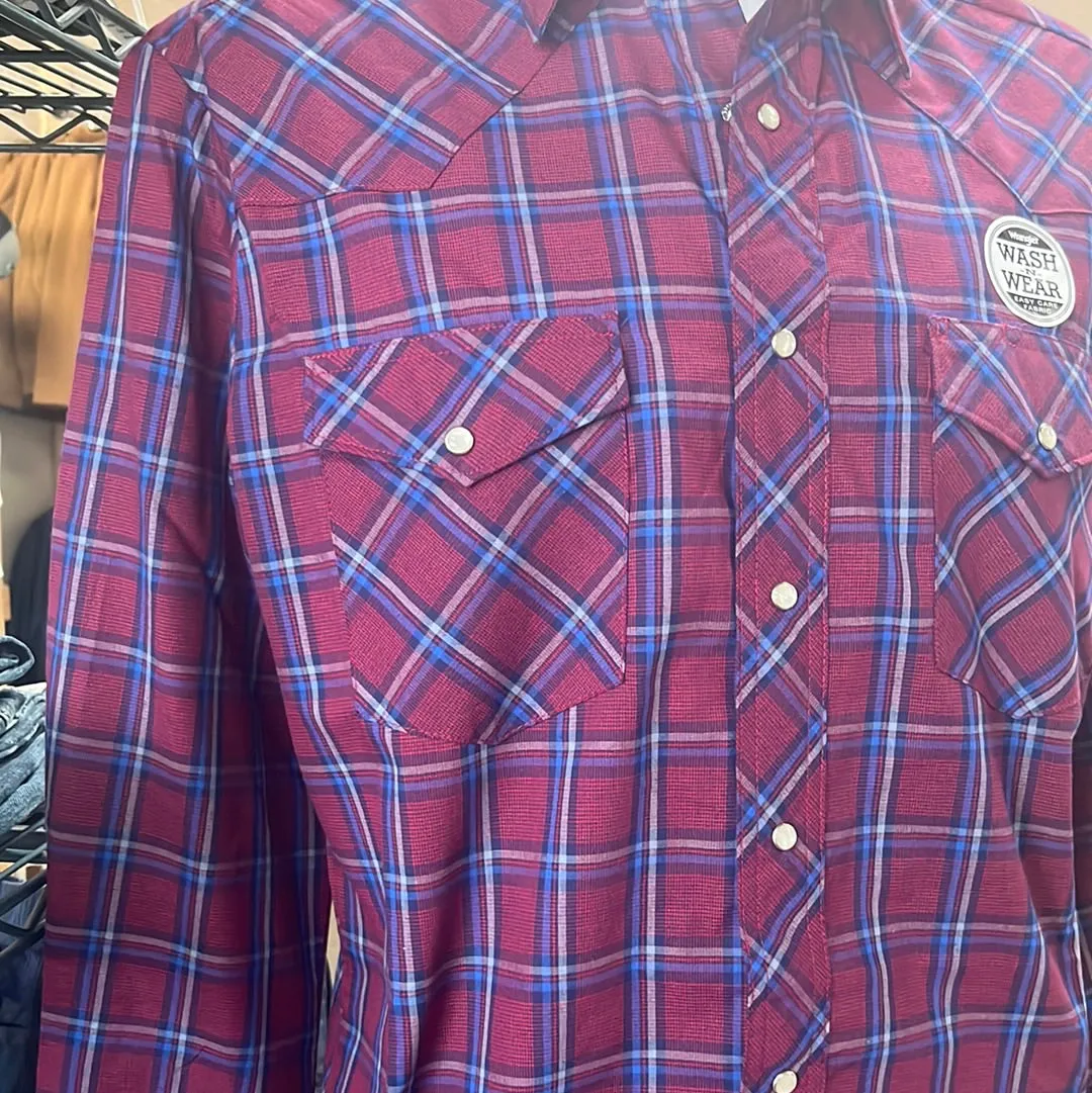 Mens Burgundy and Blue Wrangler Button Up Shirt