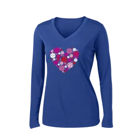 Pickleball Heart | Women's Long Sleeve V-Neck Pickleball Shirts | 100% Polyester