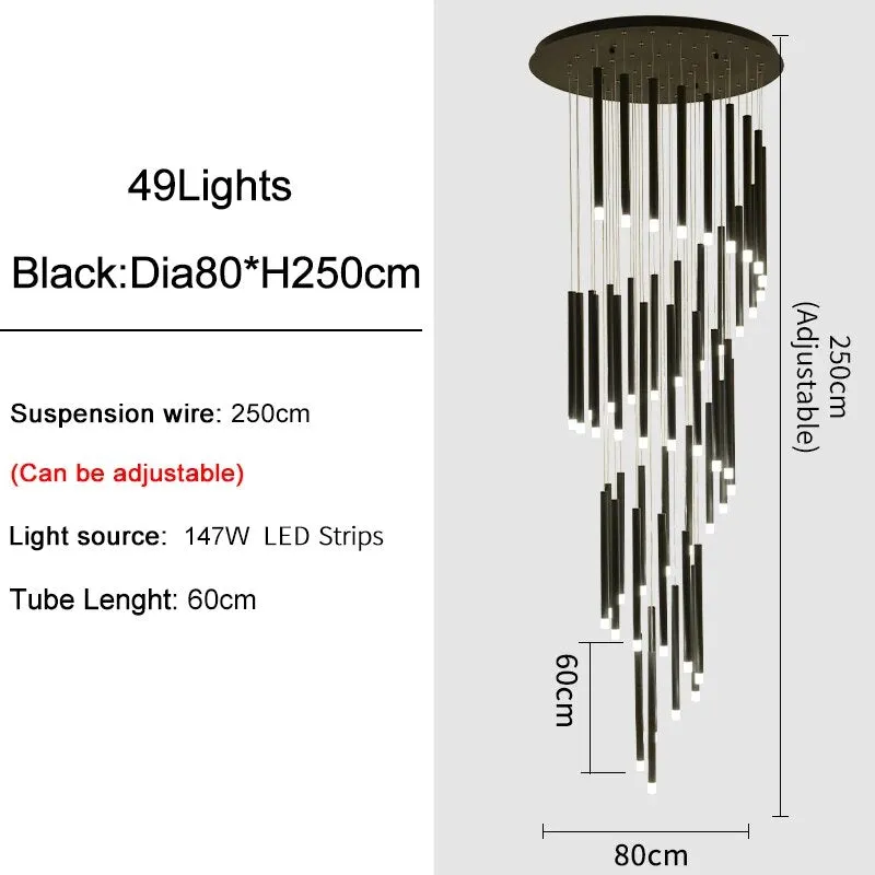 YLK Tube Design Modern LED chandelier long gold/black hanging light fixture