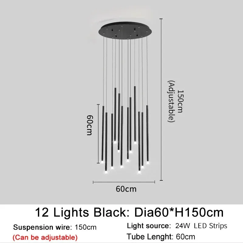 YLK Tube Design Modern LED chandelier long gold/black hanging light fixture